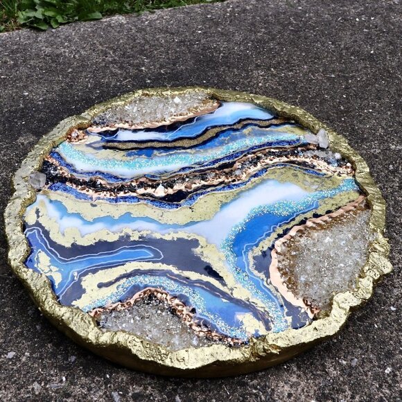 Geode Resin Art 18" Round Piece Quartz Crystals & Large Crystal CZ Stones Unique - Picture 6 of 8